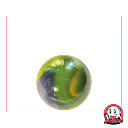 Biglia Gloster in vetro brillante, colore verde con tracce di giallo e blu, dall'aspetto luminoso