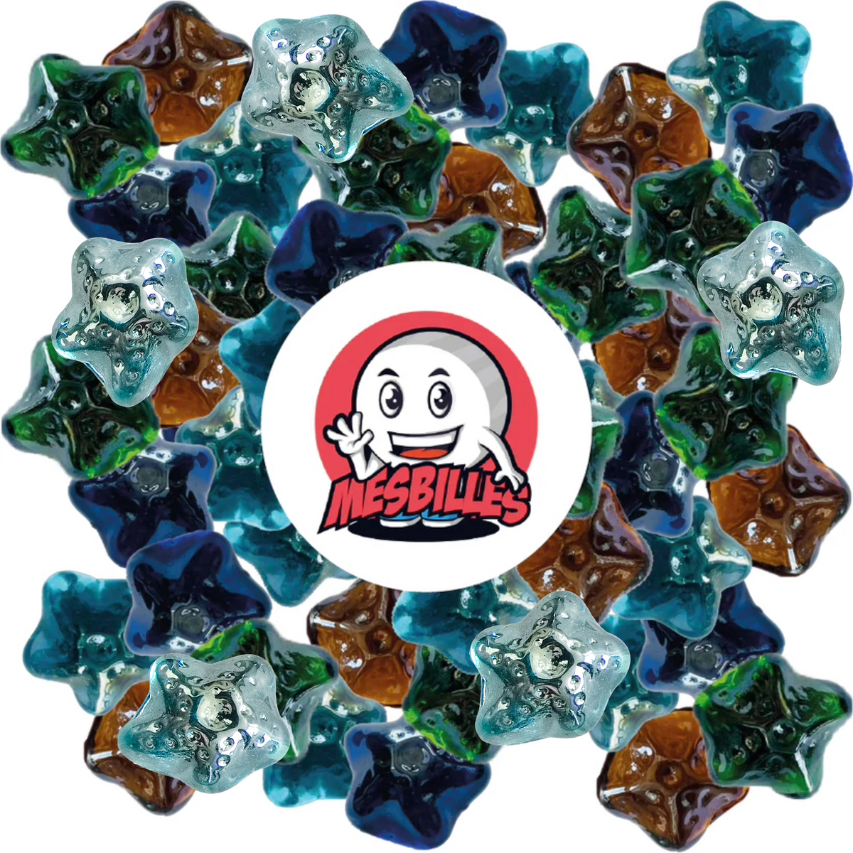 Set di biglie a forma di stelle marine in vari colori (blu, verde, ambra), disposte attorno al logo MieiBiglie
