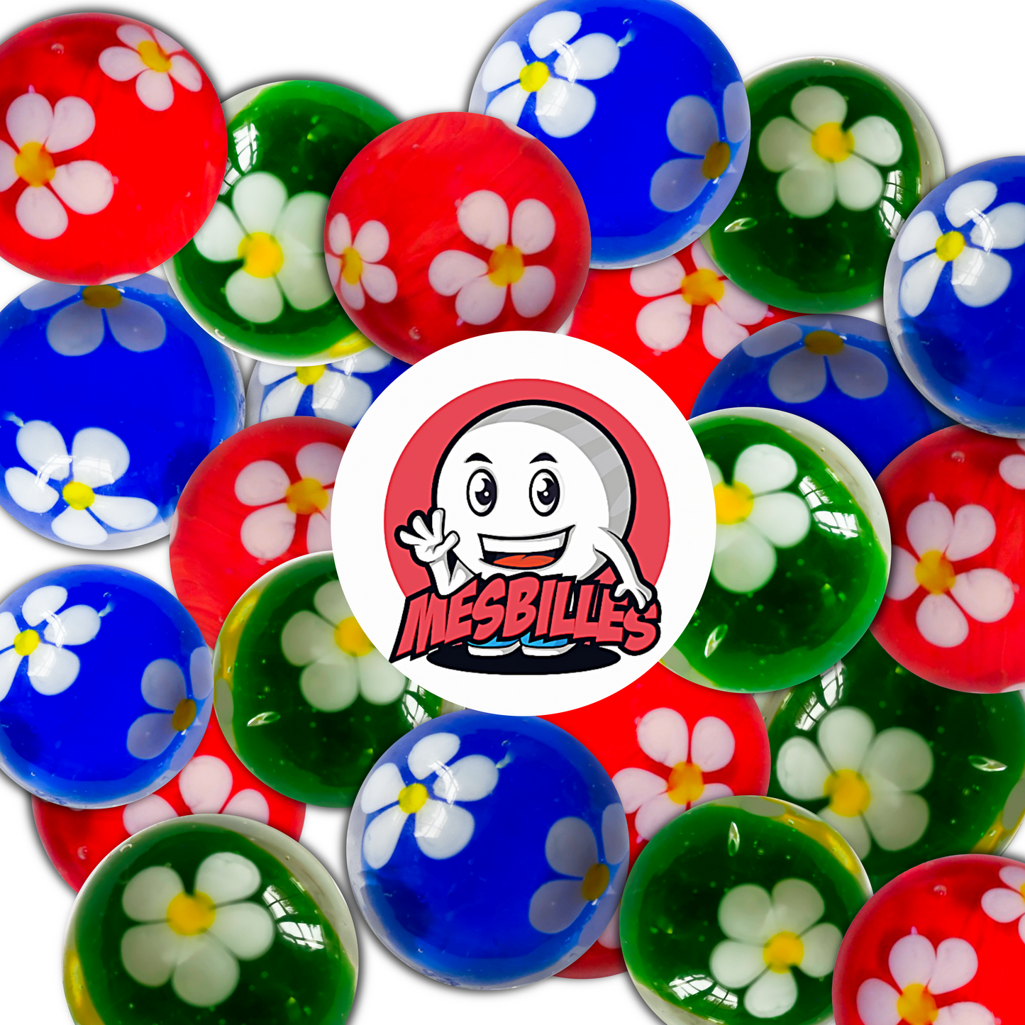 Biglie rosse, verdi e blu della collezione Giardino Incantato, decorate con fiori bianchi a cinque petali, raggruppate attorno al logo MieiBiglie