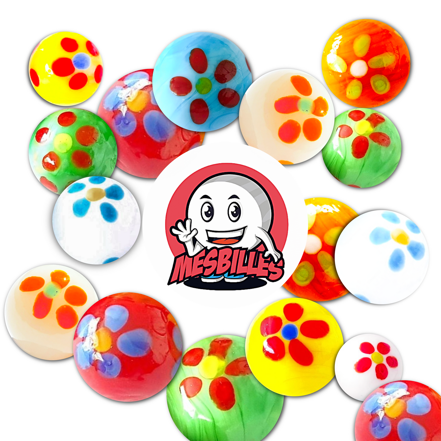 Le Biglie Pâquerette Verdi 16 mm sono biglie artistiche di fabbricazione artigianale.