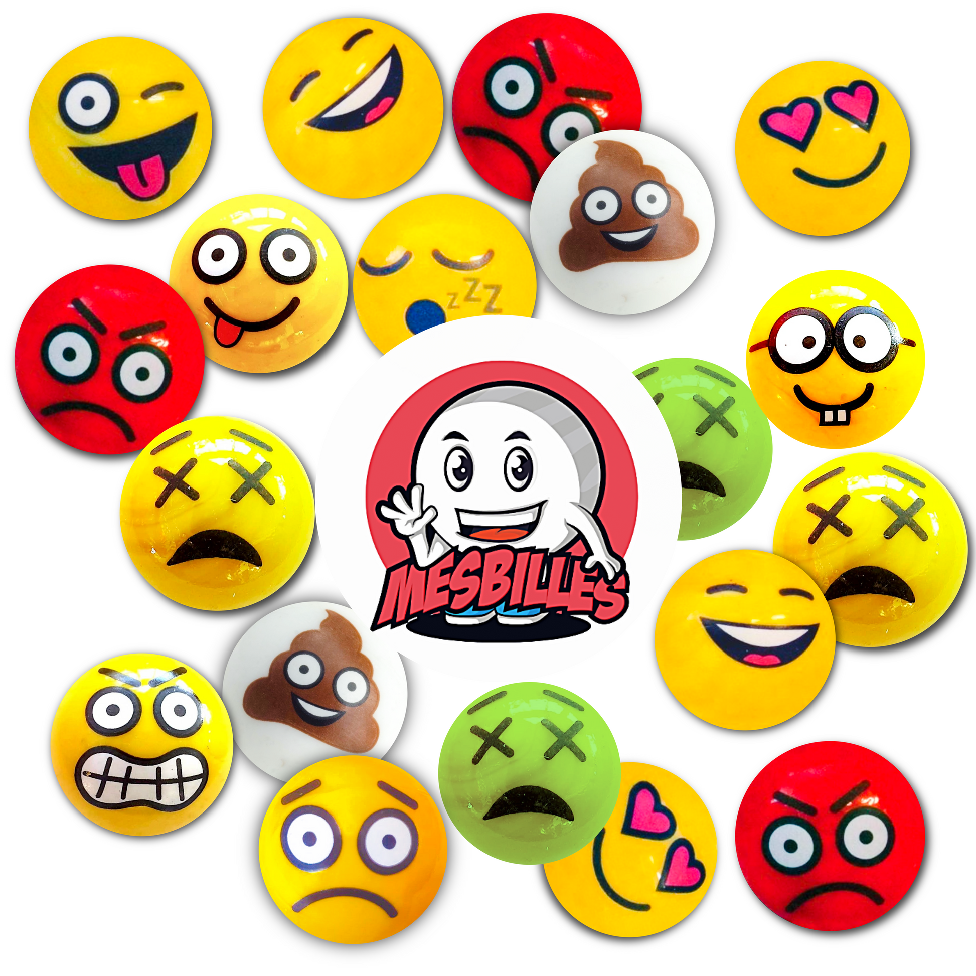 Set visivo che riunisce tutte le biglie smileys MieiBiglie attorno al logo, che rappresentano una varietà di espressioni emotive giocose