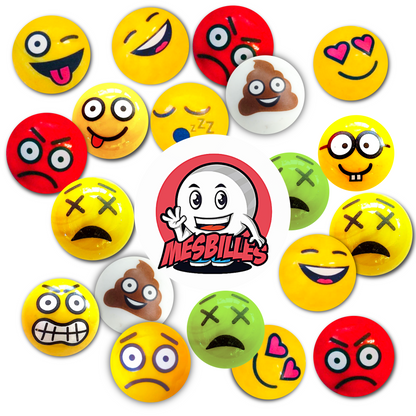 Set visivo che riunisce tutte le biglie smileys MieiBiglie attorno al logo, che rappresentano una varietà di espressioni emotive giocose