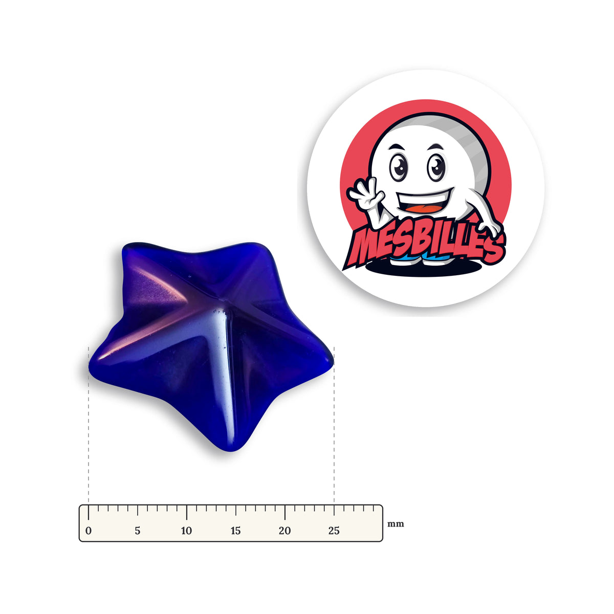 Bille Arapède Bleu-Nuit Extra-Plate à côté d'une règle graduée, 25 mm de grand diamètre