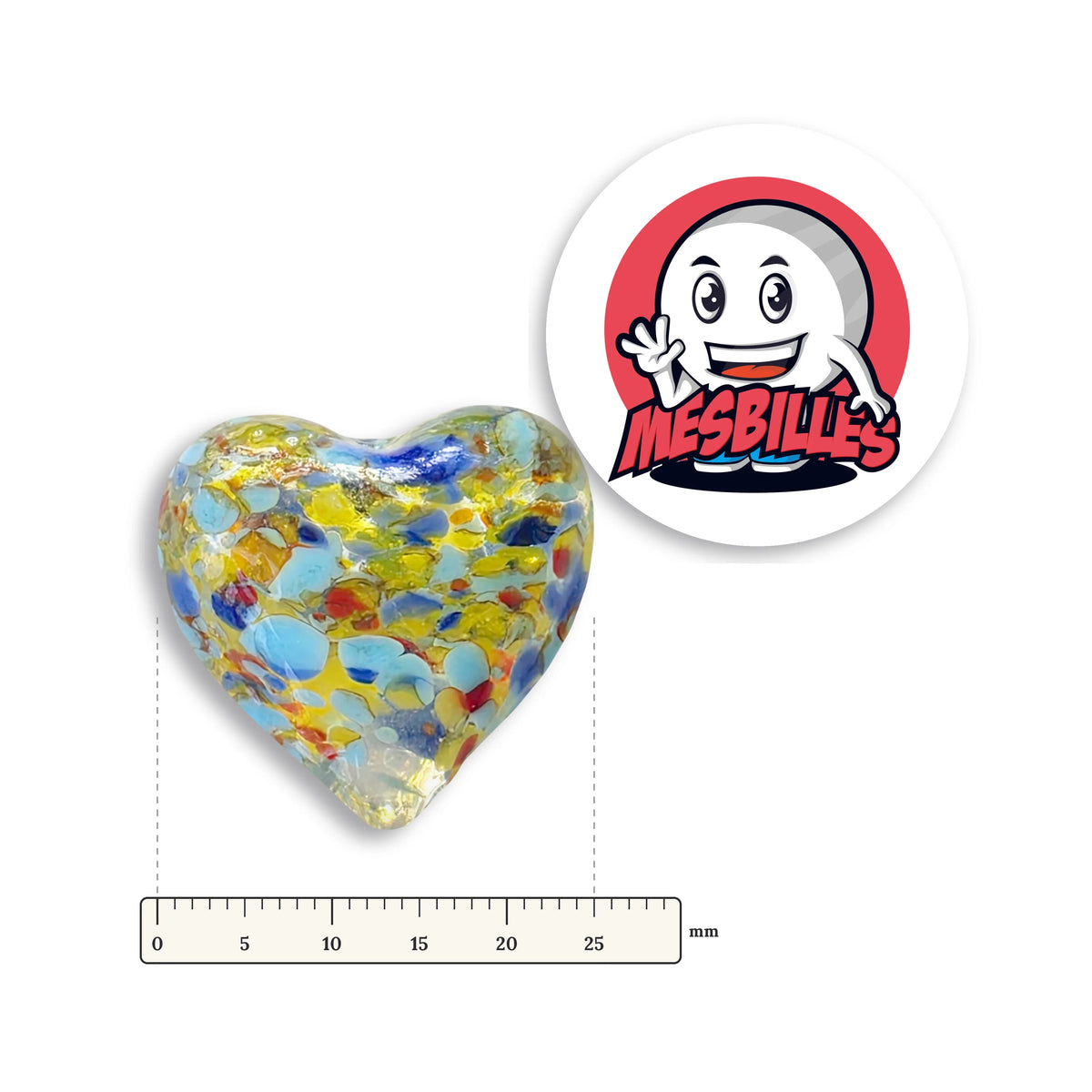 Bille Coeur Cristal Mouchetée Bleu et Jaune à côté d'une règle graduée, environ 25 mm de large