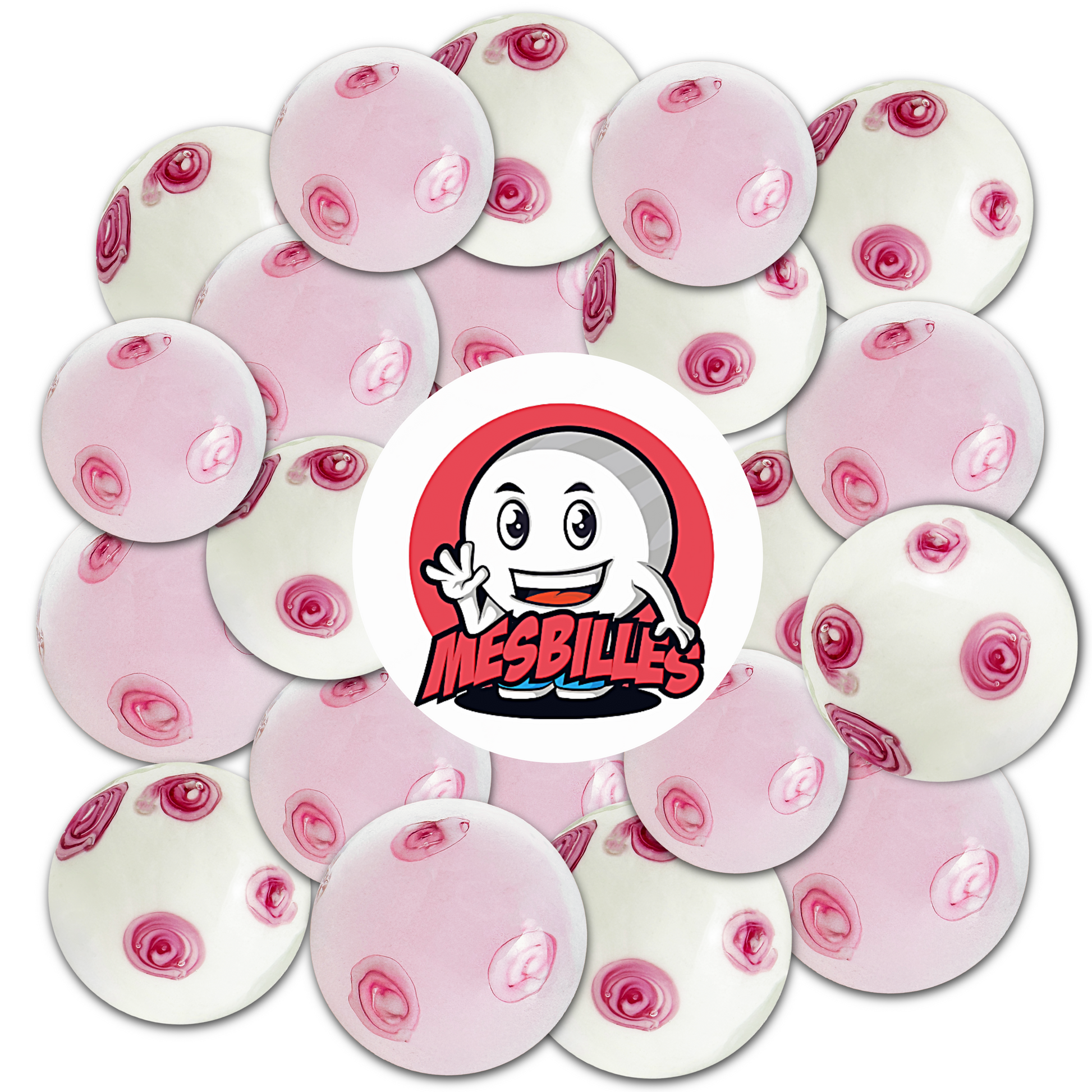 Mascotte MieiBiglie posata su grandi biglie artigianali da 22 mm con fondo rosa tenue decorate con motivi floreali che ricordano i delicati petali dei ciliegi in fiore.