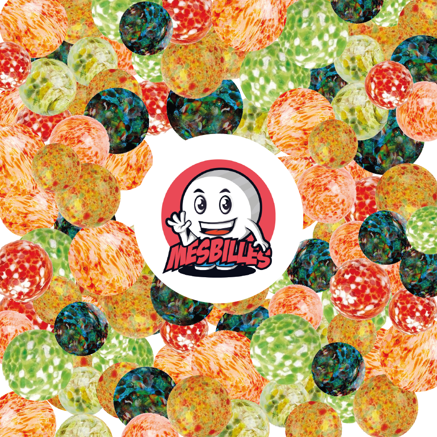 Biglie Flyer Planet 16 mm, e biglie multicolori che circondano il mascotte MieiBiglie biglie in vetro traslucido con macchie multicolori