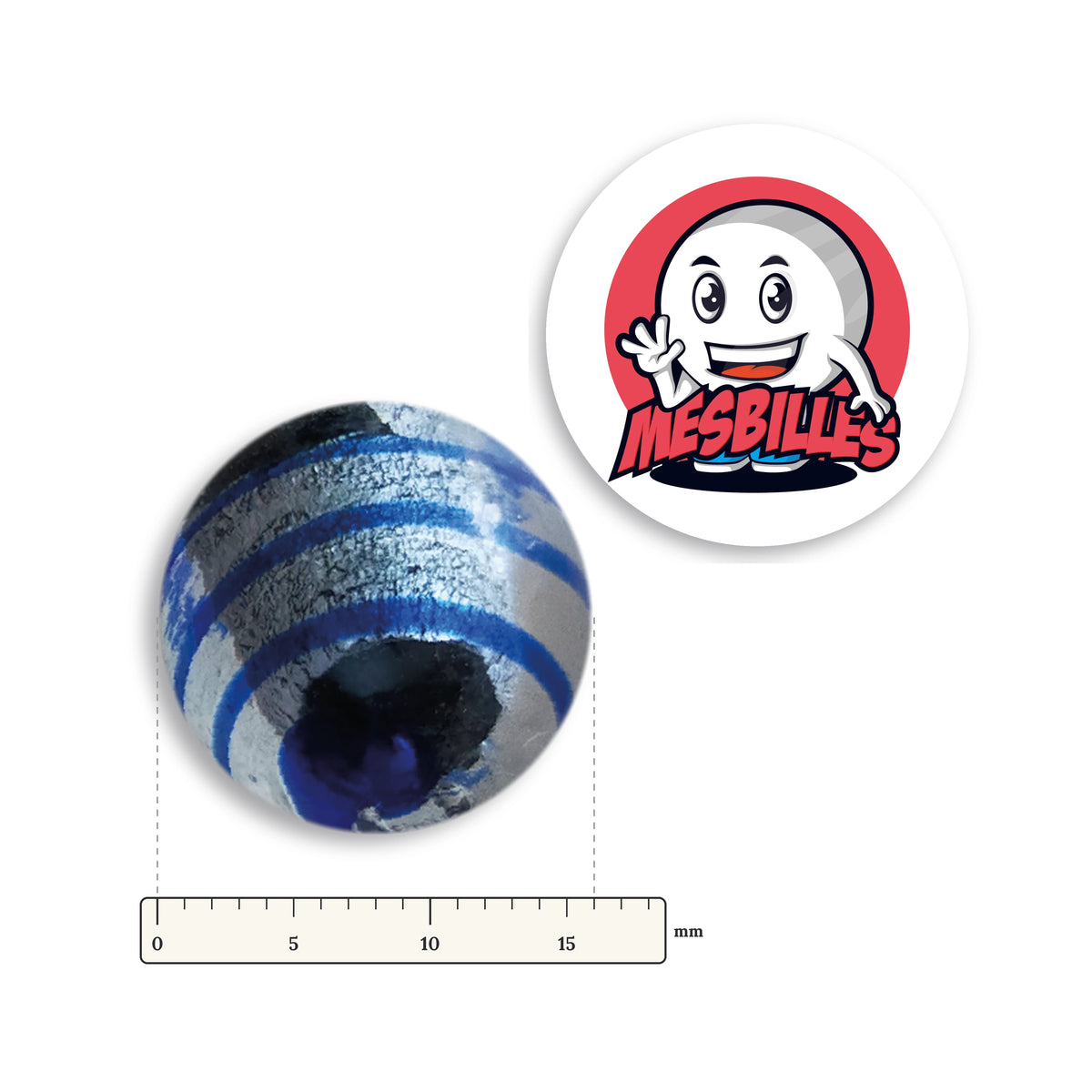 Biglia Oeil de Dragon Rigata Blu 16 mm KimPlay Collector accanto a un righello graduato, 16 mm di diametro