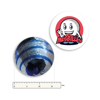 Biglia Oeil de Dragon Rigata Blu 16 mm KimPlay Collector accanto a un righello graduato, 16 mm di diametro