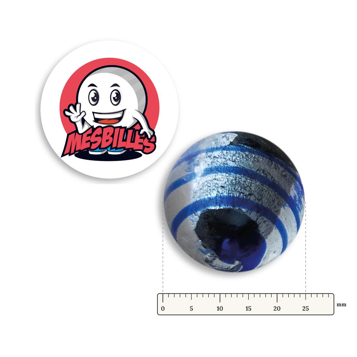 Bille Oeil de Dragon Rayé Bleu 25 mm Collector à côté d'une règle graduée, 25 mm de diamètre