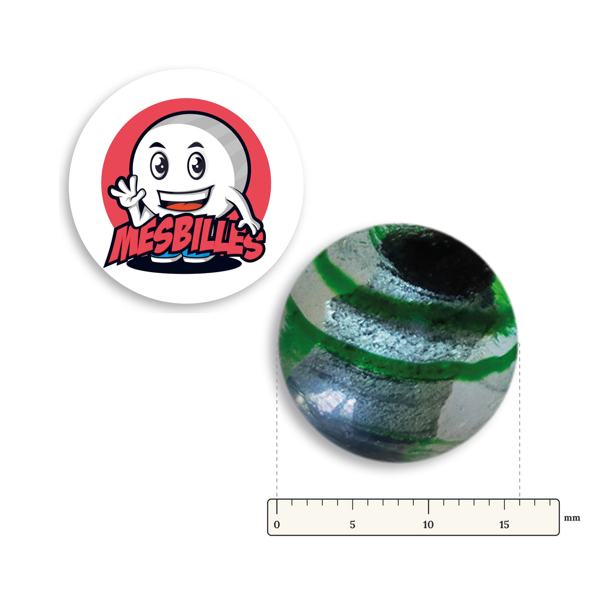Biglia Oeil de Dragon Rigata Verde 16 mm KimPlay Collector accanto a un righello graduato, 16 mm di diametro