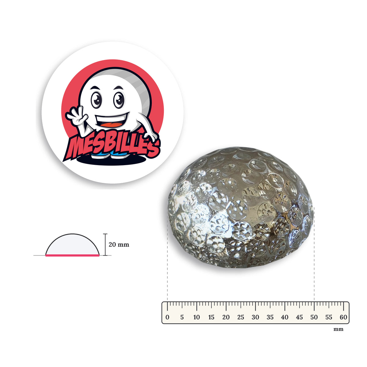Bille Presse-Papiers Demi-Balle de Golf Cristal Verre de Bohême 50 mm avec règle graduée et schéma du fond plat