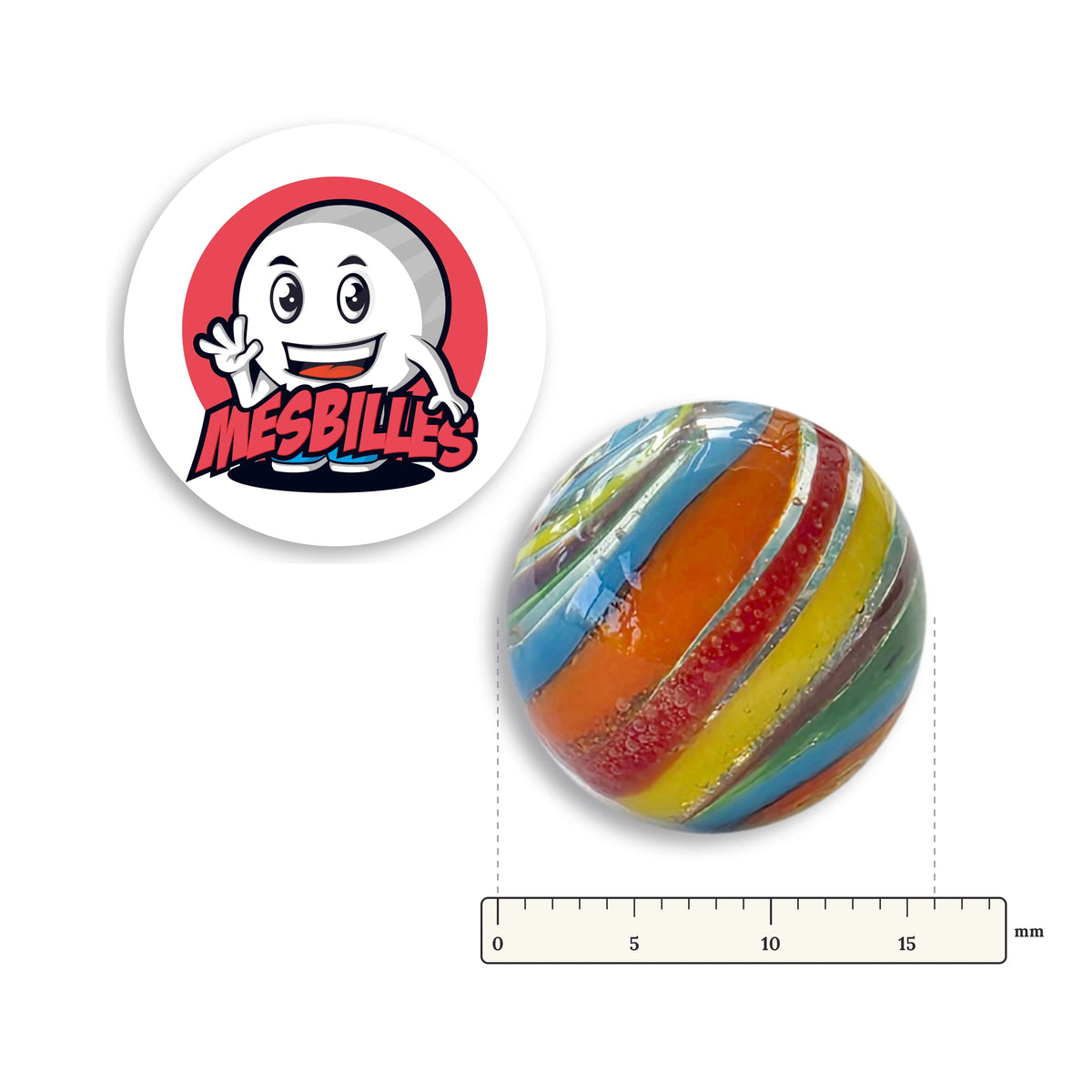 Bille Rainbow 16 mm KimPlay Collector à côté d'une règle graduée, 16 mm de diamètre