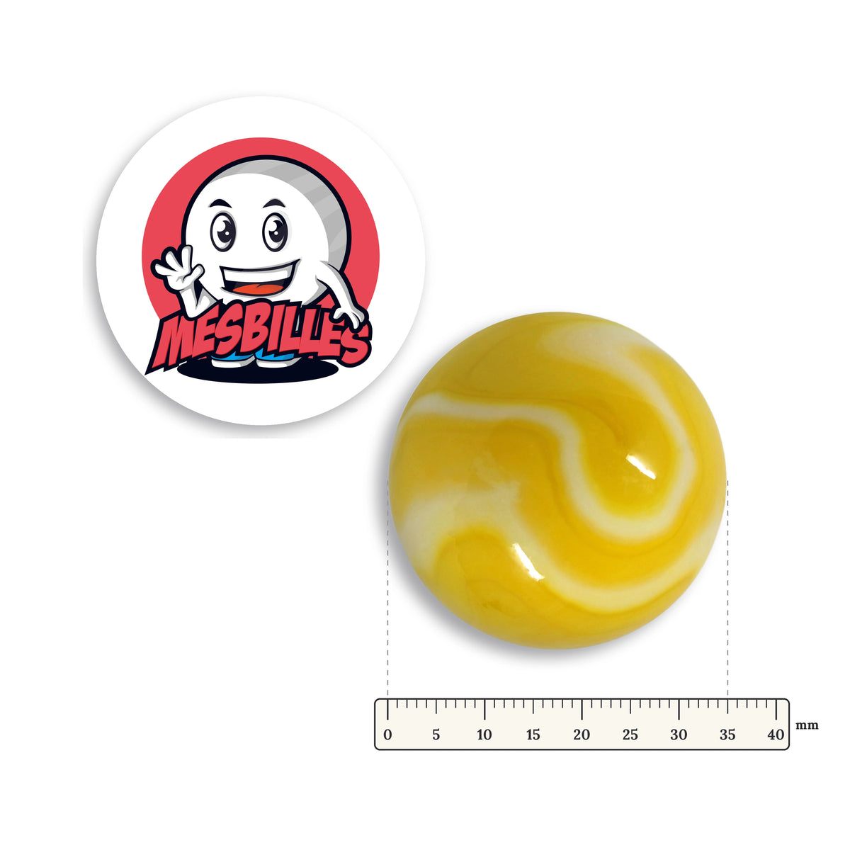 Grande bille Sorbet Citron à côté d'une règle graduée, 35 mm de diamètre
