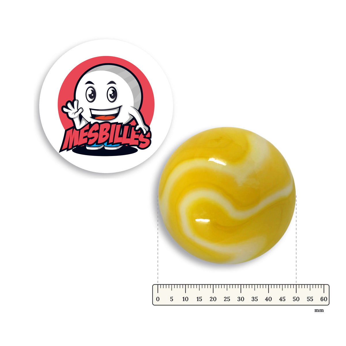 Grande bille Sorbet Citron à côté d'une règle graduée, 50 mm de diamètre
