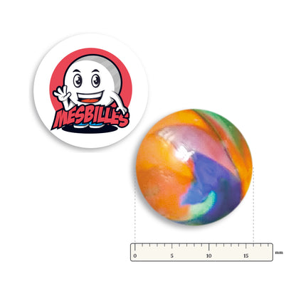 Bille Speedy Orange et Bleu 16 mm Collector à côté d'une règle graduée, 16 mm de diamètre