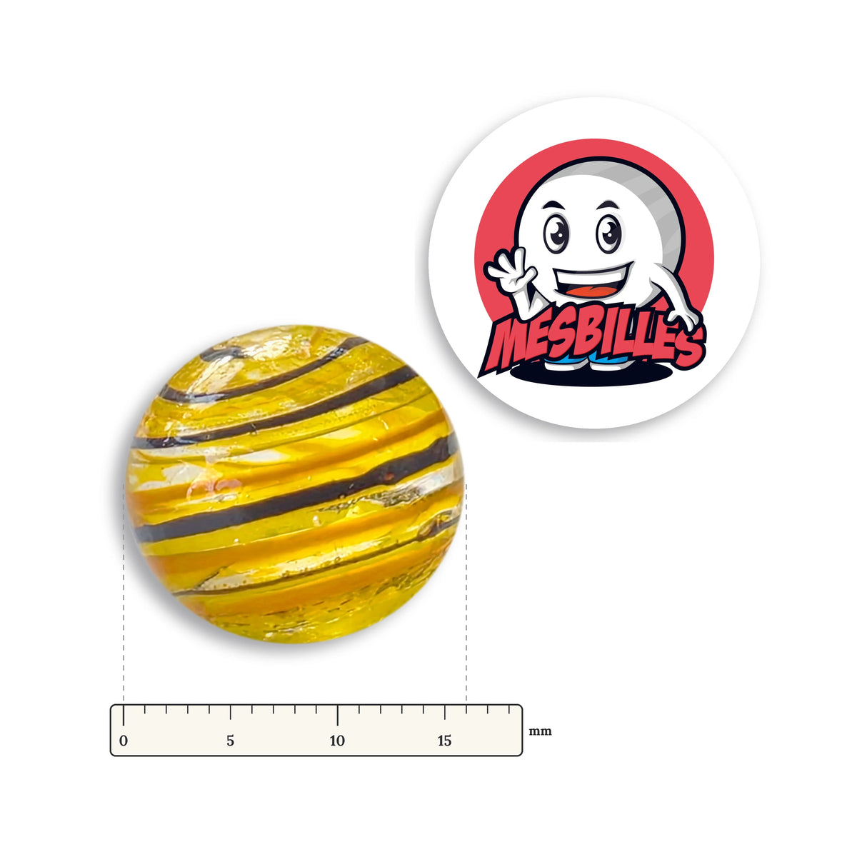 Bille Tortitta Jaune et Noir 16 mm KimPlay Collector à côté d'une règle graduée, 16 mm de diamètre