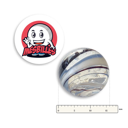 Bille Tortitta Noir et Blanc 16 mm KimPlay Collector à côté d'une règle graduée, 16 mm de diamètre