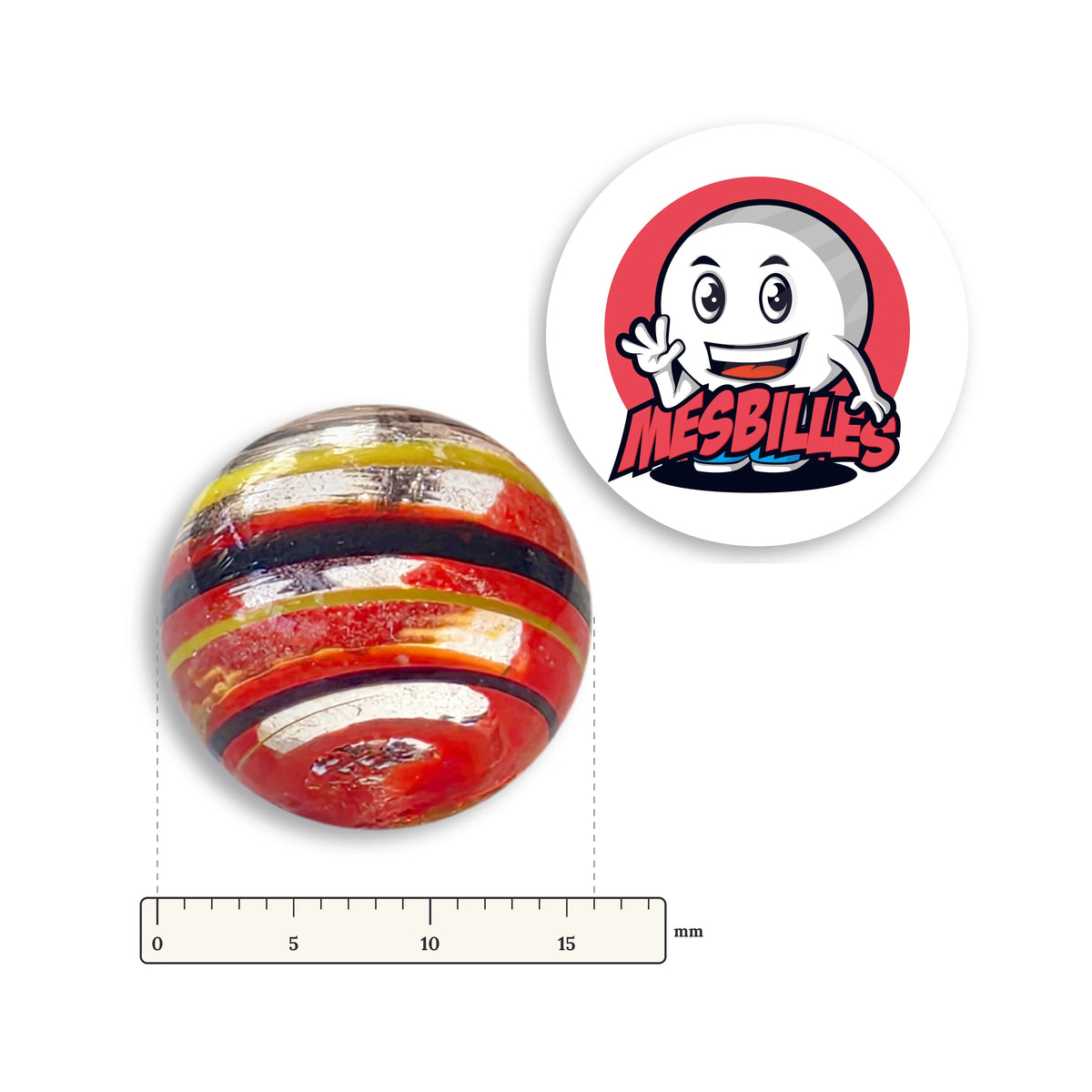 Bille Tortitta Rouge 16 mm KimPlay Collector à côté d'une règle graduée, 16 mm de diamètre