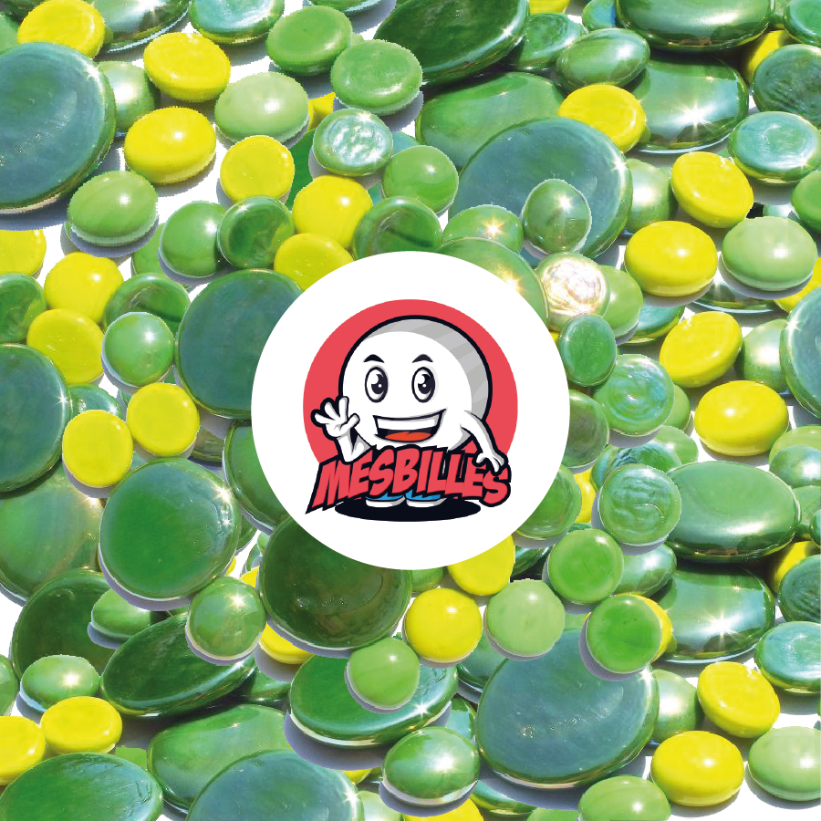 MesBilles - 250 gr Biglie piatte lucide in verde e verde limone da 30 mm, 18 mm e 12 mm