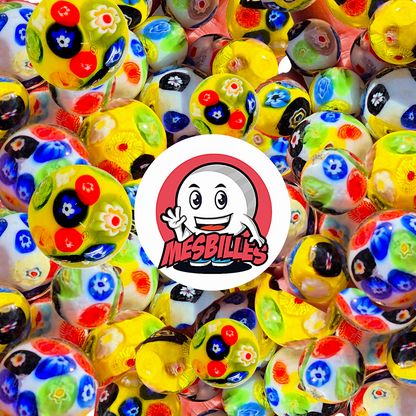 Set di biglie Art fioritura su sfondo bianco o giallo, da 16 mm con motivi floreali multicolori