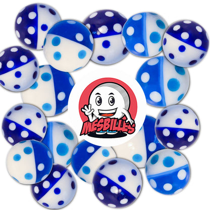 Logo MieiBiglie su biglie artistiche blu 22 mm, con pois, ideali per stupire sul campo o in una collezione.