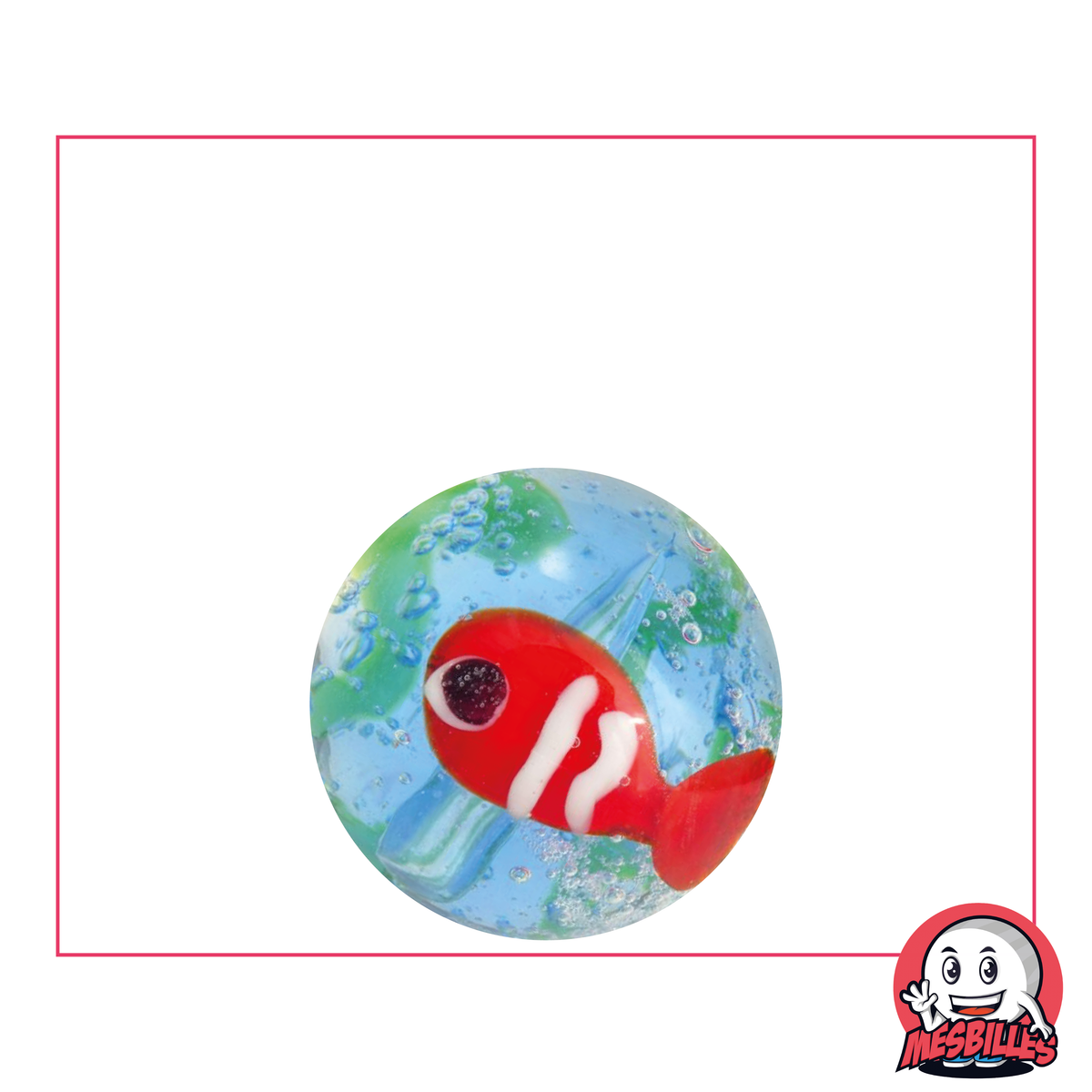 Biglia d'arte Pesce Rosso 22 mm, blu e verde con disegno di pesce rosso - decorazione per ufficio e casa
