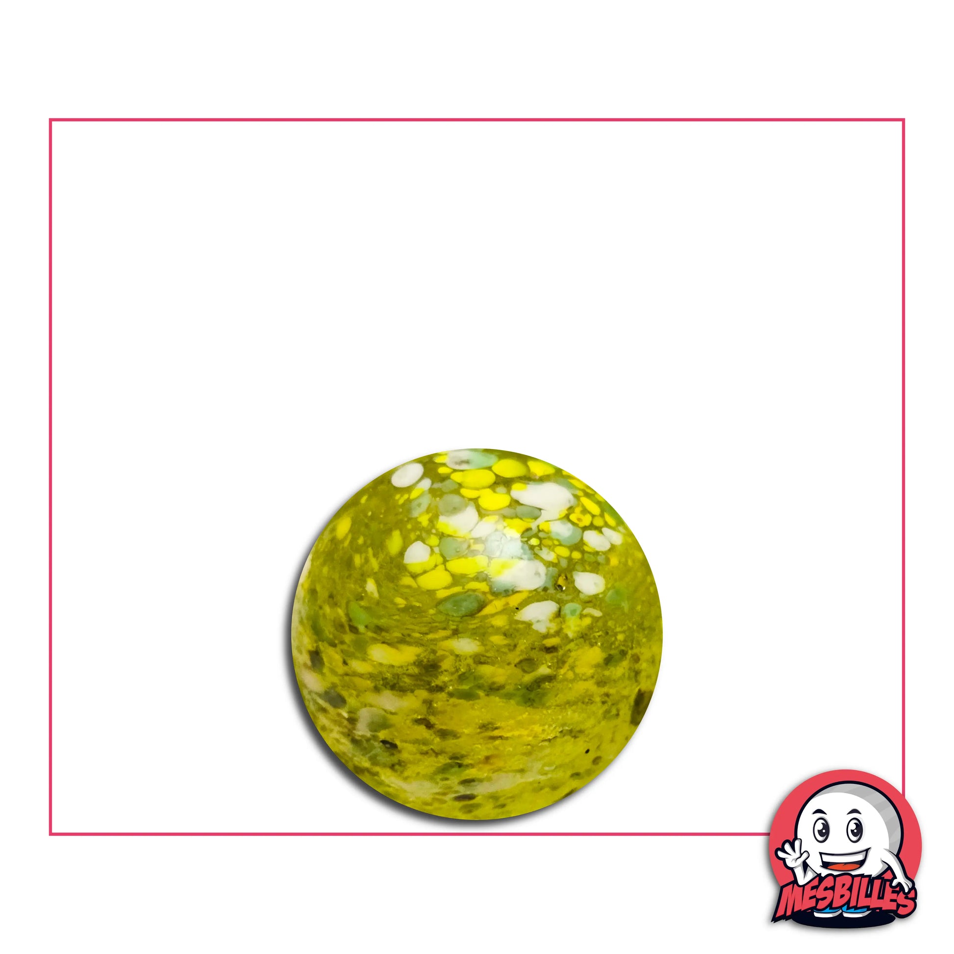 Bille en verre Translucide de la famille des Billes Collector Kim'Play, de 16 mm et recouverte de taches Vertes et Jaunes.