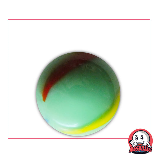 Bille Jade 25 mm vert tendre avec accents jaune et rouge, inspirée des pierres précieuses, idéale pour collection ou parties de billes